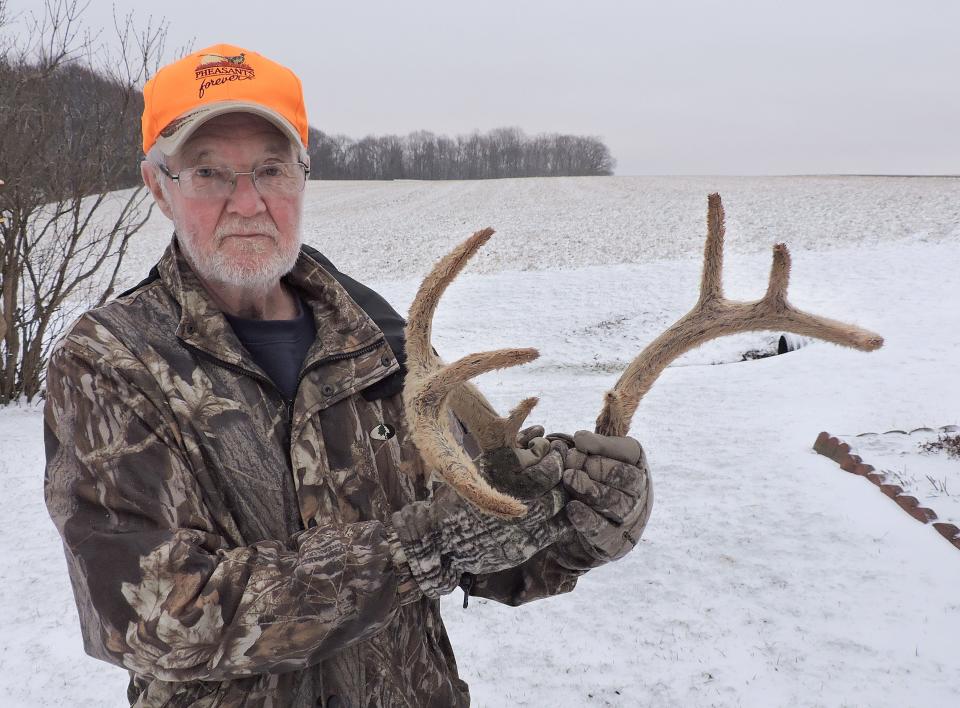 Vernon "Buddy" Yoder holds the antlers from his velvet buck Jan. 6. He was suprised by the deer's unique rack when he harvested it Nov. 28 near his hom in Somerset County.