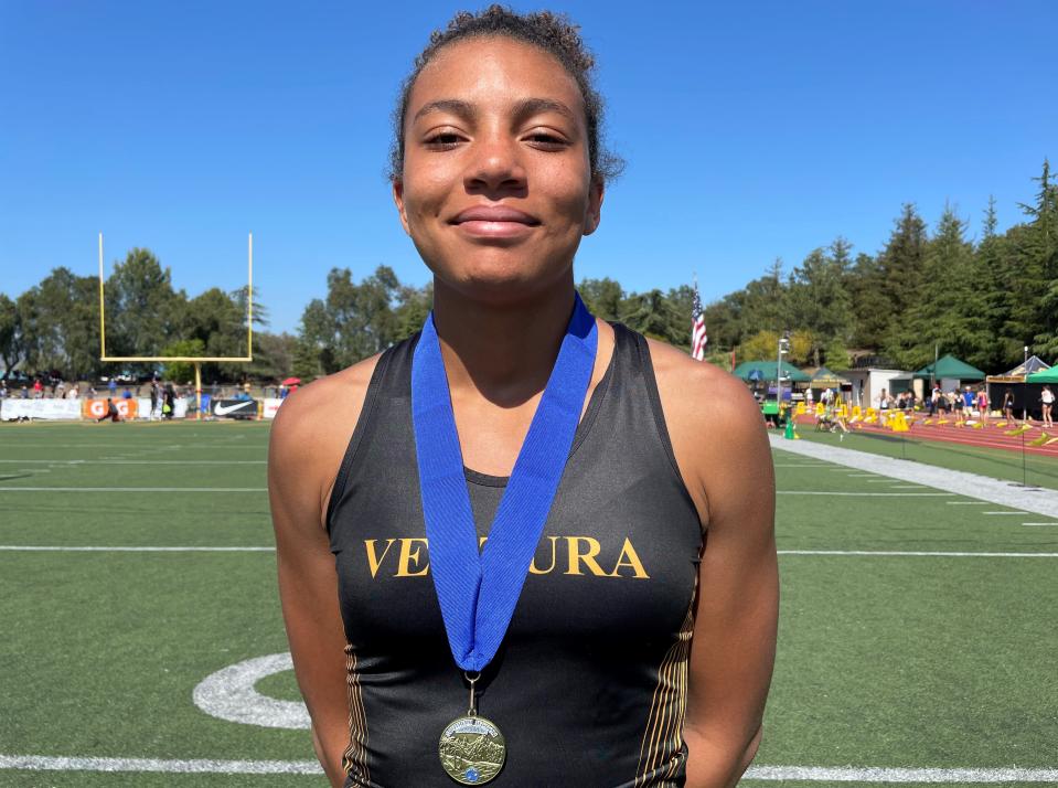 Valentina Fakrogha of Ventura won the Division 2 girls high jump (5-6) at the CIF-Southern Section Track and Field Championships at Moorpark High on Saturday, May 13, 2023.