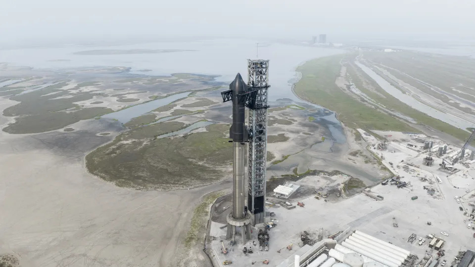 This undated photo provided by SpaceX shows the company's Starship rocket at the launch site in Boca Chica, Texas. (SpaceX via AP)