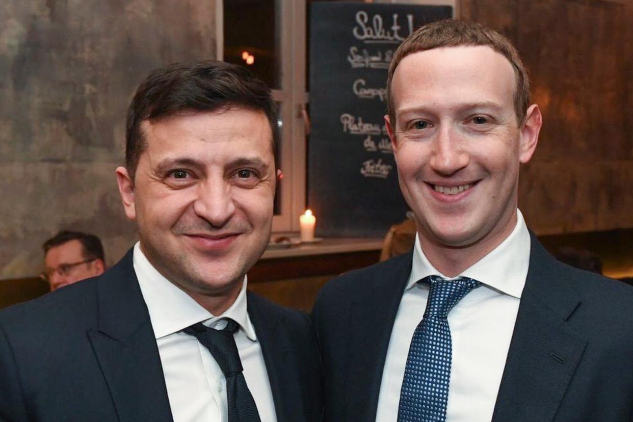 Facebook CEO Mark Zuckerberg (R) with Ukrainian President Volodymyr Zelensky (L) at the 56th Munich Security Conference in Munich, Germany, 15 February 2020: EPA