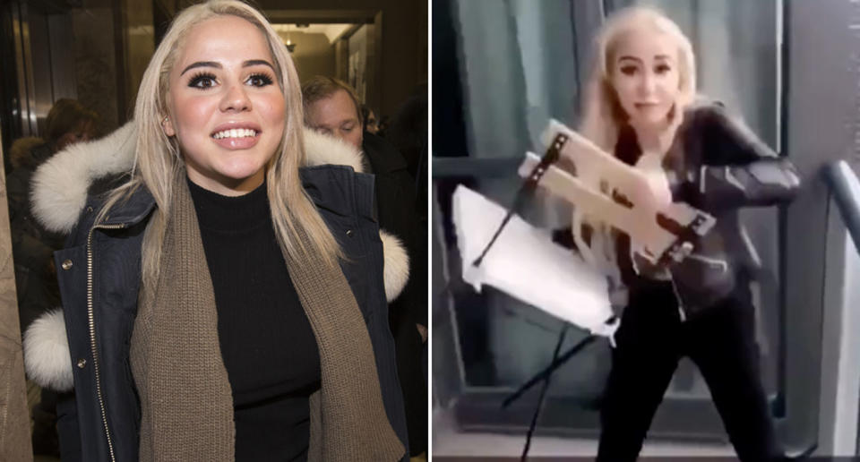 Instagram model Marcella Zoia, 19, is shown leaving after a brief court appearance on Wednesday to face charges for throwing a chair off a 45th floor balcony. (Photos: Getty Images/Supplied)