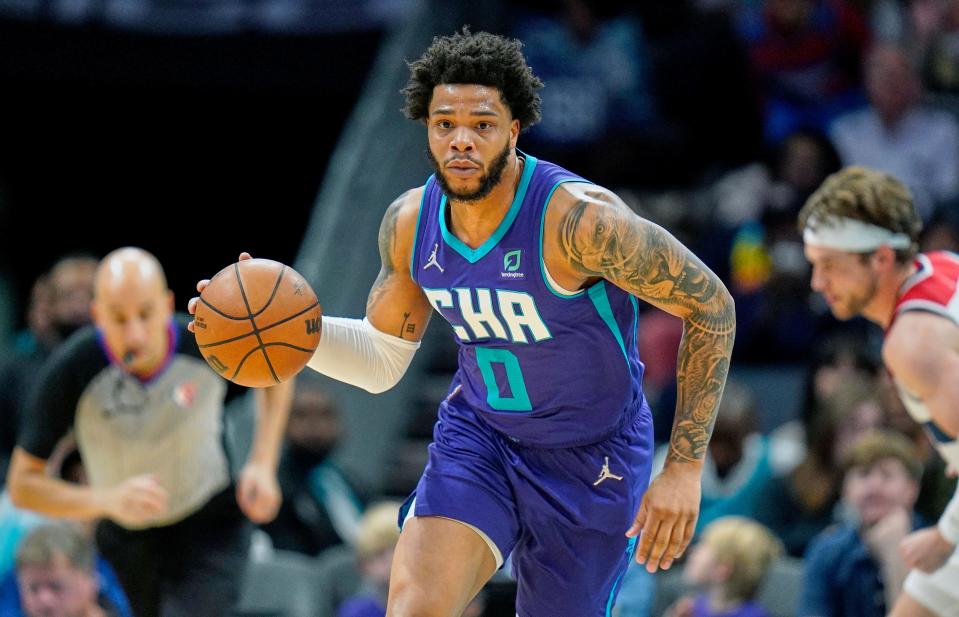 Forward Miles Bridges brings the ball upcourt during an April 10 game between the Charlotte Hornets and Washington Wizards.