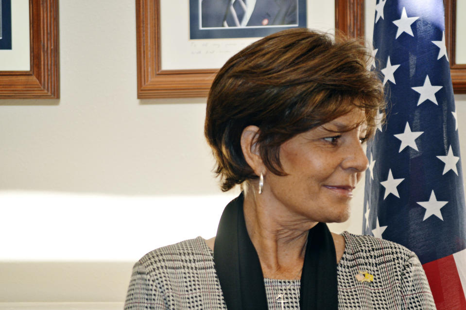 FILE - Republican U.S. House hopeful Yvette Herrell waits to speak at an event in Albuquerque, N.M., on Nov. 4, 2019. Accusations that New Mexico's Democratic-led legislature unfairly diluted the vote of the politically conservative oil-producing region go to trial Wednesday, Sept. 27, 2023, at a state district court in Lovington, N.M. U.S. Rep. Gabe Vasquez of Las Cruces ousted first-term Republican Herrell in 2022 from the 2nd District after it was reshaped to include portions of Albuquerque. Herrell wants the GOP nomination for a rematch, launching her campaign in May alongside House Speaker Kevin McCarthy. (AP Photo/Russell Contreras, File)