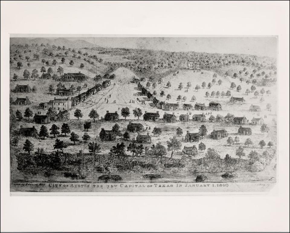 An illustration by Edward Hall of the town of Austin, previously named Waterloo, on Jan. 1, 1840, by which time it had become the new capital of the Republic of Texas. The wide street in the middle of the image is Congress Avenue, which leads from the Colorado River bluffs in the foreground to an open spot reserved for a future Capitol. One can see the low-lying original Capitol building to the left and the presidential residence on a hill to the right.
