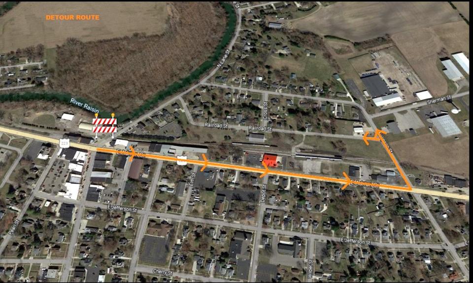 A detour route through the village of Blissfield so that motorists can access North Lane Street and surrounding roads while repair work to the railroad crossing at North Lane Street continues is pictured. The detour route takes motorists east along U.S. 223 and turning north onto Jipson Street. From there, North Lane Street can be accessed via Railroad or Sherman streets.