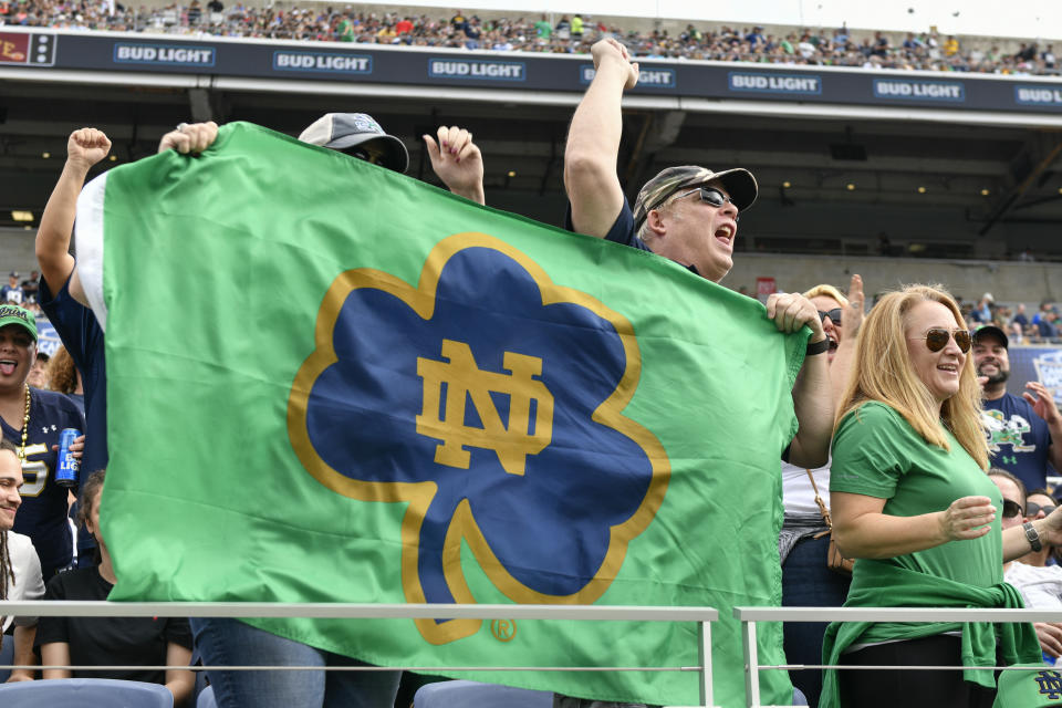 Irish fans cheer during the first half of a Notre Dame game in 2019. (Roy K. Miller/Icon Sportswire via Getty Images)