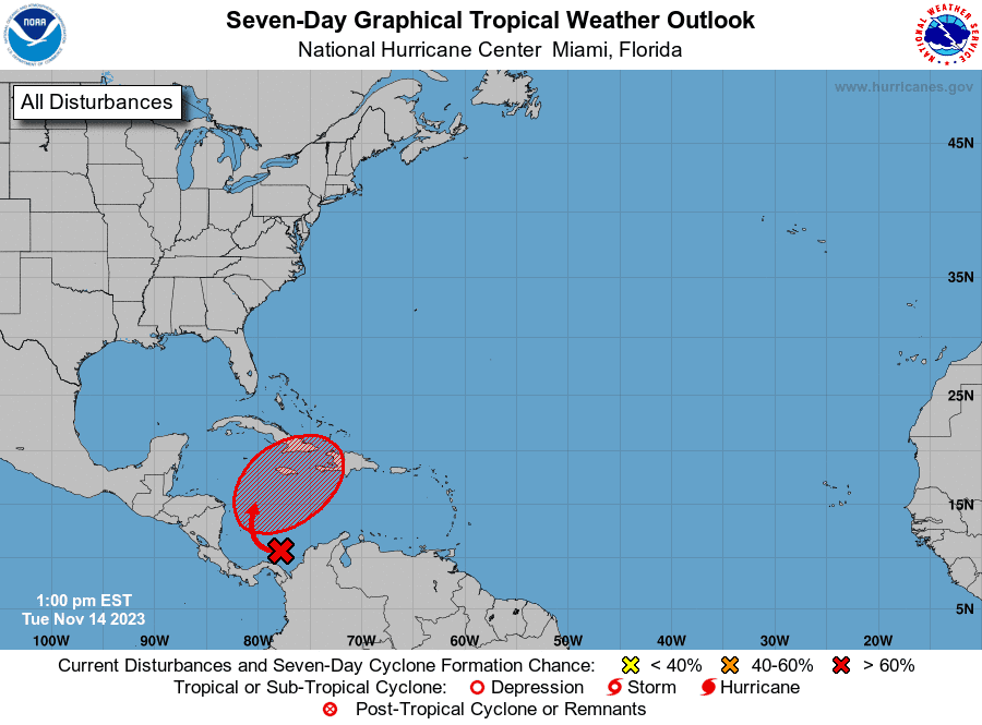 Forecasters say an area of storminess (red x) could strengthen into Tropical Storm Vince over the Caribbean Sea by the end off the week.