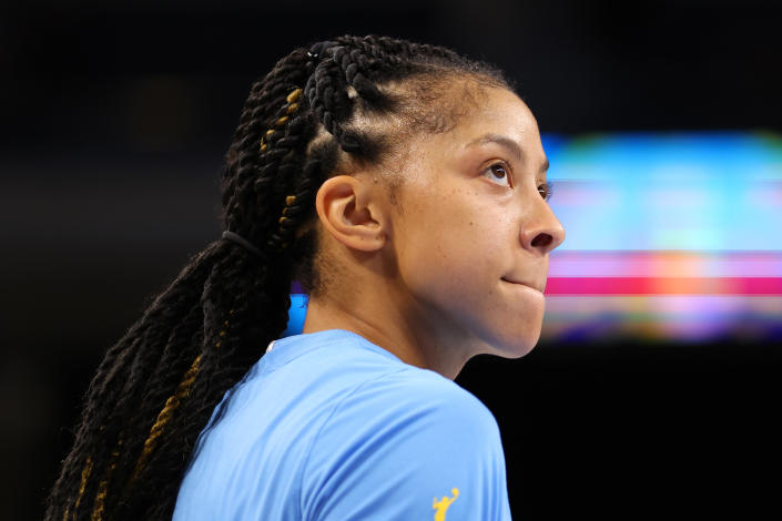 CHICAGO, ILLINOIS - SEPTEMBER 08: Candace Parker #3 of the Chicago Sky looks on prior to Game Five of the 2022 WNBA Playoffs semifinals at Wintrust Arena on September 08, 2022 in Chicago, Illinois. NOTE TO USER: User expressly acknowledges and agrees that, by downloading and/or using this photograph, User is consenting to the terms and conditions of the Getty Images License Agreement.  (Photo by Michael Reaves/Getty Images)