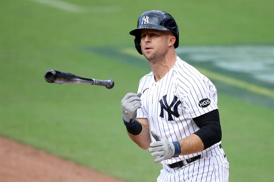 SAN DIEGO, CALIFORNIA - OCTOBER 08:  Brett Gardner #11 of the New York Yankees reacts after drawing a walk against the Tampa Bay Rays during the second inning in Game Four of the American League Division Series at PETCO Park on October 08, 2020 in San Diego, California. (Photo by Sean M. Haffey/Getty Images)