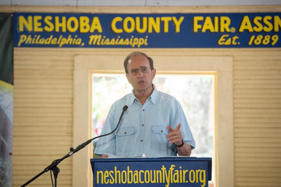 Incumbent candidate Delbert Hosemann addresses the crowd in the pavilion in Founders Square at the Neshoba County Fair in Philadelphia on Wednesday. Hosemann and opponent Sen. Chris McDaniel traded barbs in their race for the Republican nomination for lieutenant governor.