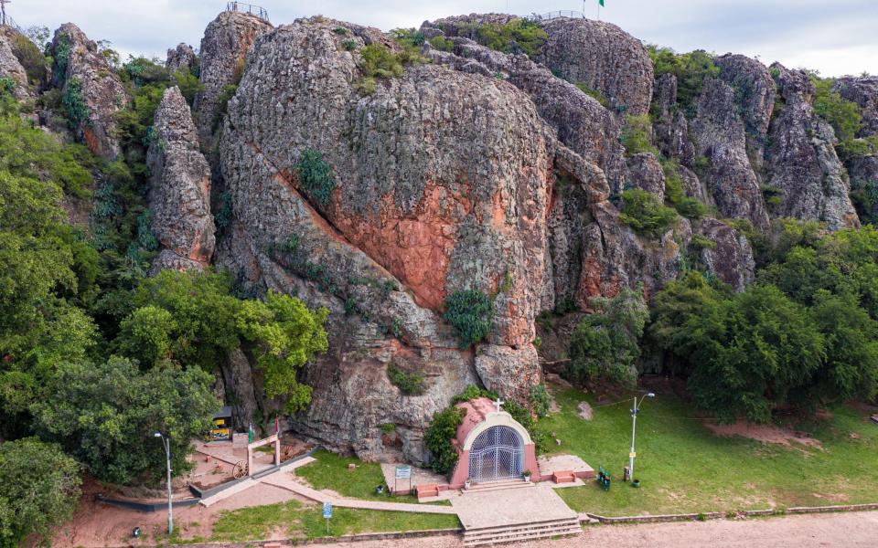 Aerial view of the Cordilleras in Tobati with the Chapel of the Virgin of the Way