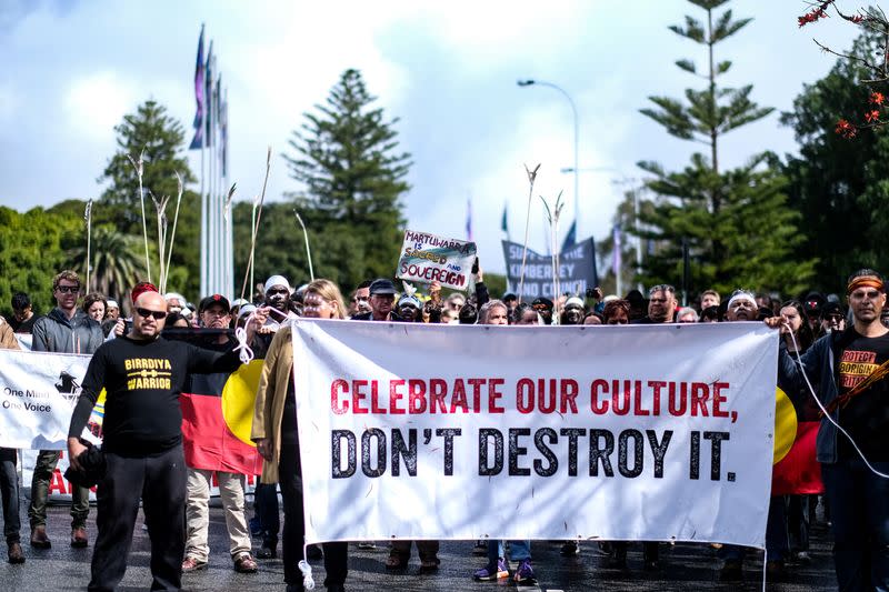FILE PHOTO: Aboriginal groups march against planned changes in heritage protection laws, in Perth