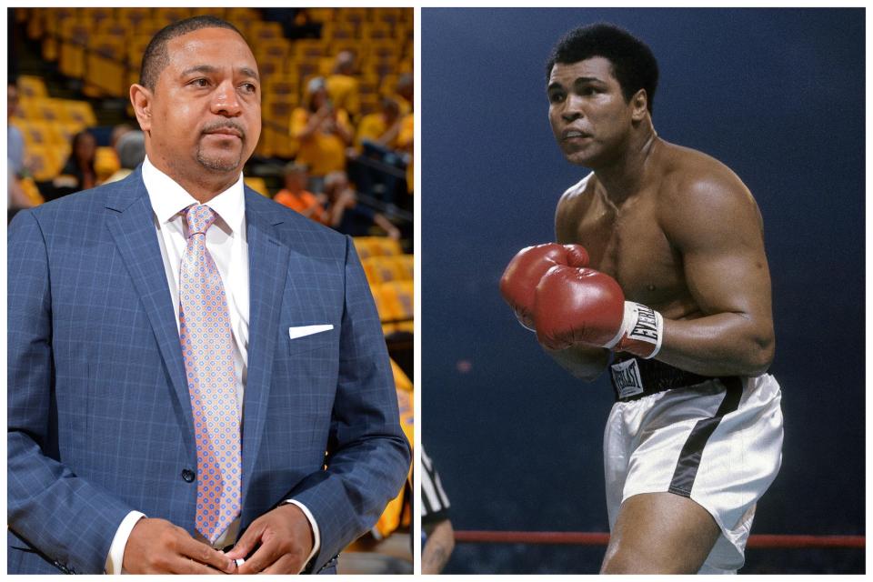 In side-by-side photos, Mark Jackson stands and looks on from the sideline before an NBA Game while Muhammad Ali puts up his fists during a fight.