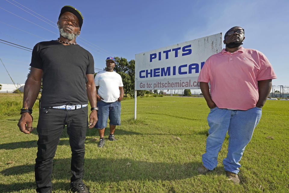 Richard Strong, 50, left, his brother Gregory Strong, 48, center and Stacy Griffin, 42, are among six Black farmworkers in Mississippi who say in a new lawsuit that their former employer, Pitts Farm Partnership, has brought white laborers from South Africa to do the same jobs they were doing, and that the farm has been violating federal law by paying the white immigrants significantly more for the same type of work, Thursday, Sept. 9, 2021, in Indianola, Miss. (AP Photo/Rogelio V. Solis)