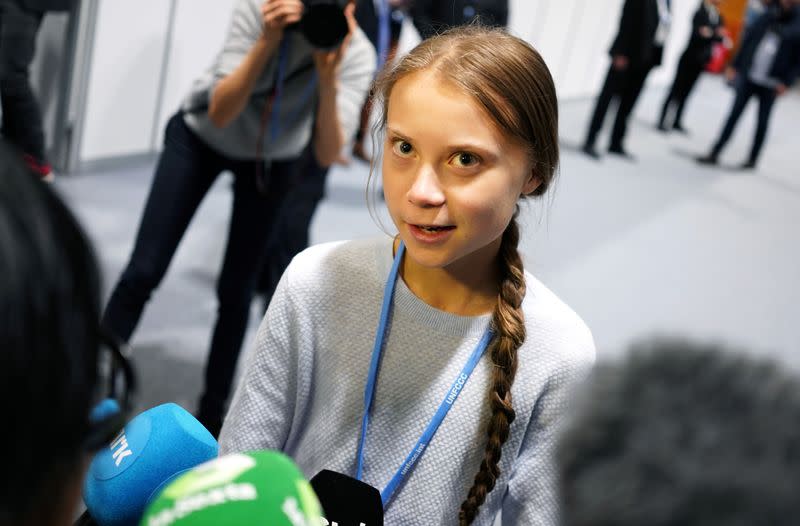 Climate change activist Greta Thunberg speaks to media during COP25 climate summit in Madrid