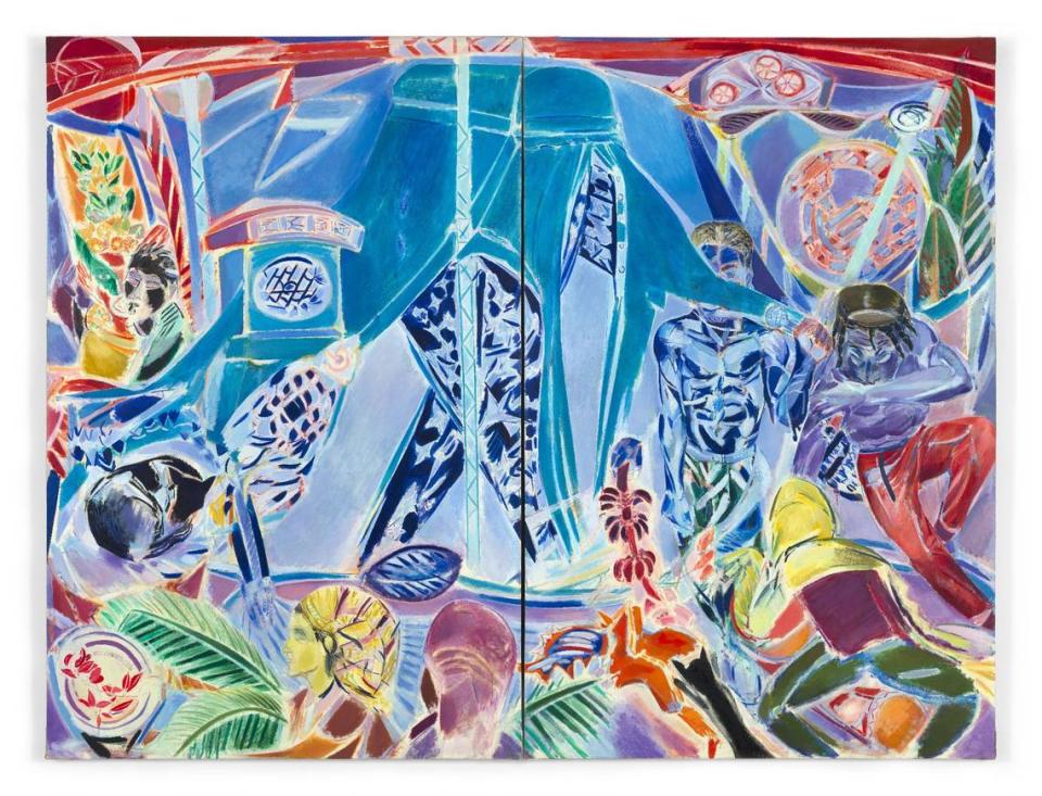 Denzil Forrester, “Blue Tent,” (1984). Óleo sobre lienzo Díptico. 122 1/8 x 159 3/8in.