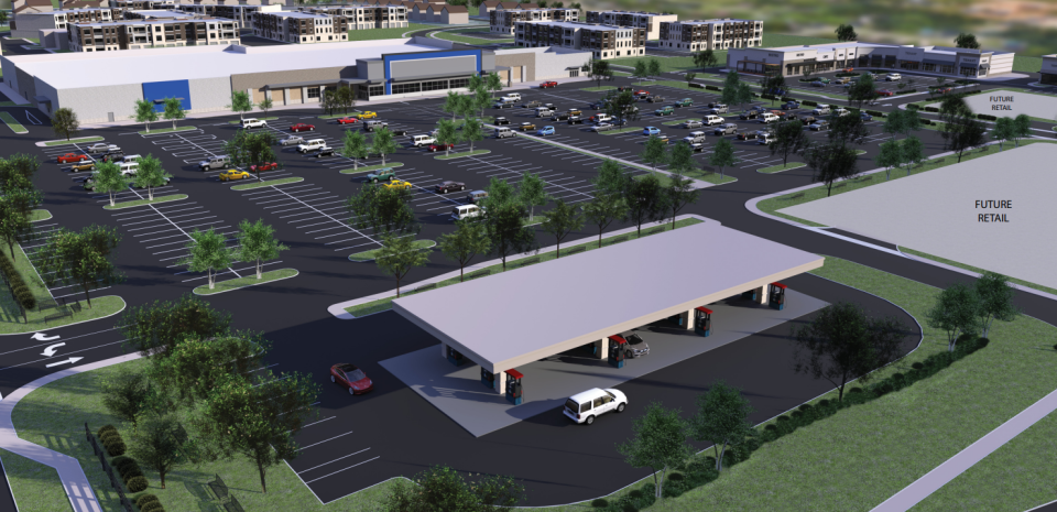 A rendering of the grocery store and associated gas station that is expected to break ground by September 2024 along Beulah Church Road in far southern Louisville.