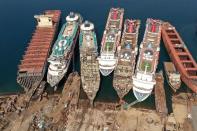 A drone image shows decommissioned cruise ships being dismantled at Aliaga ship-breaking yard in the Aegean port city of Izmir