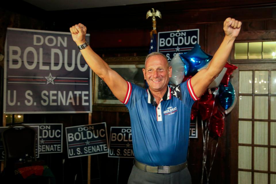 New Hampshire Republican U.S. Senate candidate Don Bolduc smiles during a primary night campaign gathering, Tuesday Sept. 13, 2022, at the Old Salt Restaurant in Hampton.