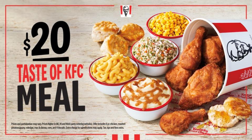 The new $20 Taste of KFC Meal comes with six pieces of fried chicken plus four sides and fouur biscuits. KFC/Handout