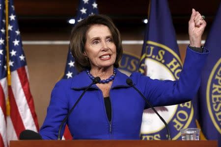 U.S. House Minority Leader Nancy Pelosi (D-CA) gestures as she talks optimistically about Democrats' chances in down-ticket races in 2016, during her weekly news conference at the U.S. Capitol in Washington January 7, 2016. REUTERS/Jonathan Ernst