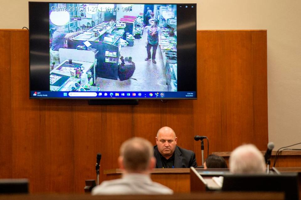 Security footage showing the shooting of Julie Brightwell is played during day one of the trial of Johnny Max Mount for the 2015 murder of Julie Brightwell in Harrison County Court in Biloxi on Tuesday, June 13, 2023.