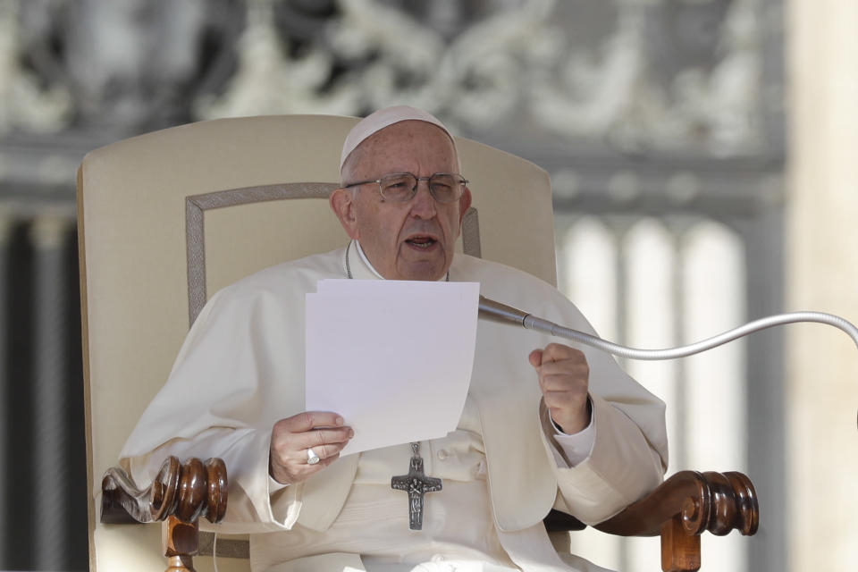 Pope Francis delivers his message on the occasion of his weekly general audience in St.Peter’s Square, at the Vatican, Wednesday, Oct. 10, 2018. (AP Photo/Gregorio Borgia)