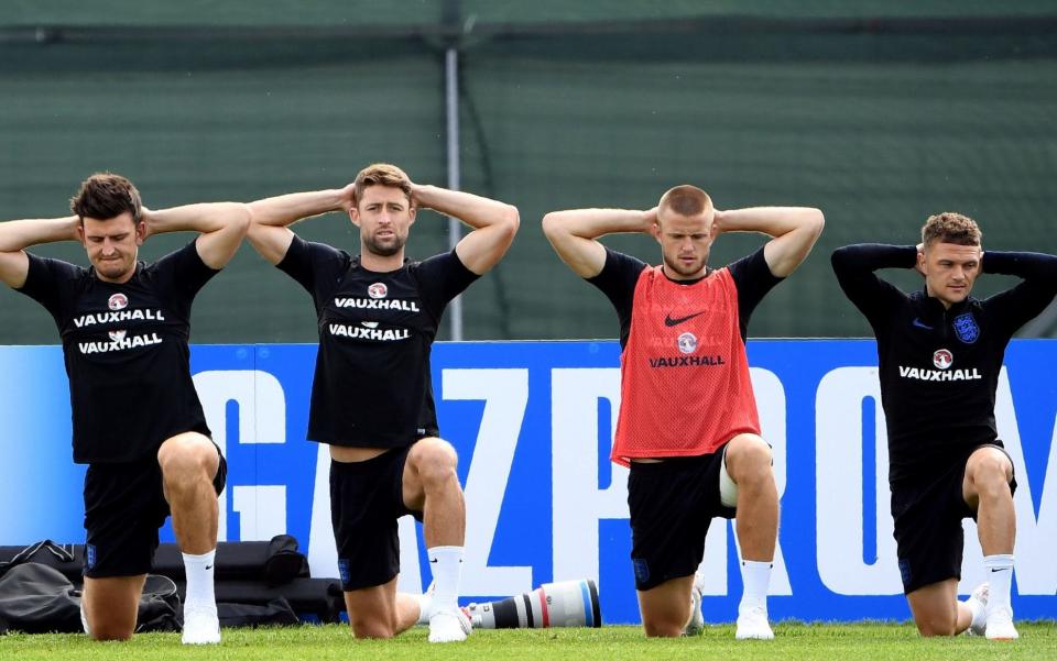 England's Harry Maguire, Gary Cahill, Eric Dier and Kieran Trippier prepare for the Tunisia match in St Petersburg before flying to Volgograd on Sunday - AFP