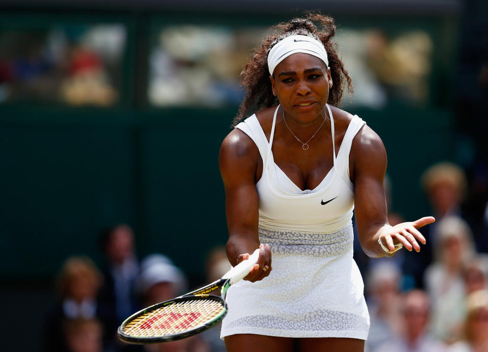 LONDON, ENGLAND - JULY 11:  Serena Williams of the United States reacts in the Final Of The Ladies' Singles against Garbine Muguruza of Spain during day twelve of the Wimbledon Lawn Tennis Championships at the All England Lawn Tennis and Croquet Club on July 11, 2015 in London, England.  (Photo by Julian Finney/Getty Images)