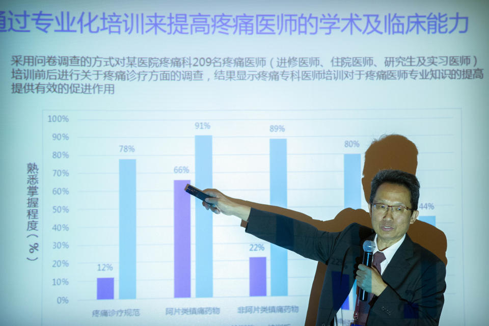 Dr. Fan Bifa, director of the pain clinic at the China-Japan Friendship Hospital in Beijing, speaks at a medical conference in Beijing, China on May 23, 2019, where he points to a chart showing the results of a survey about specialized training for pain doctors. Fan says he had never looked for scientific evidence to prove that sustained release opioids are less likely to cause addiction. (AP Photo/Mark Schiefelbein)