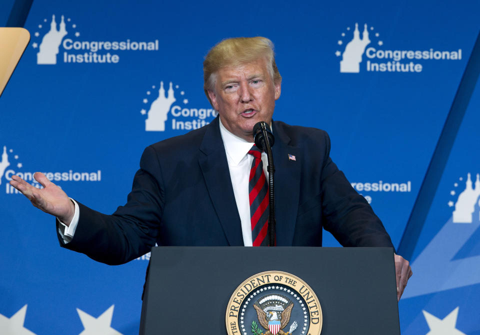 President Donald Trump speaks at the 2019 House Republican Conference Member Retreat Dinner in Baltimore, Thursday, Sept. 12, 2019. (AP Photo/Jose Luis Magana)