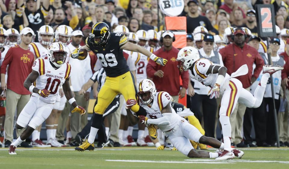 Iowa wide receiver Matt VandeBerg (89) leads the team in catches and receiving yards. (AP Photo/Charlie Neibergall)