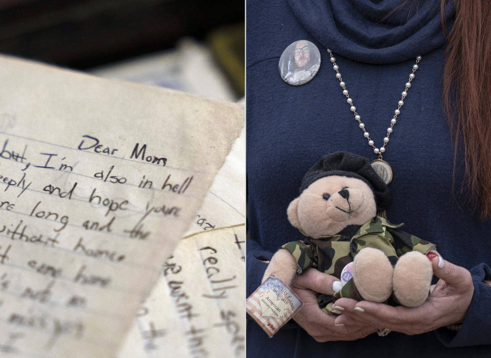 Misti Gossett holds the bear her son gifted to her when he started the army and, at left, a detail from the letters that Joshua Jones sent to his mother while he was in Fort Benning in 2016.
 (Andrea Morales for NBC News)