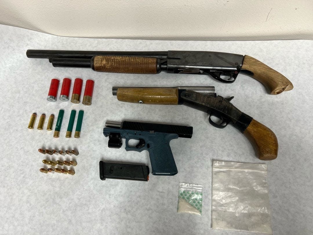 A Barstow felon was arrested on suspicion of  possessing a firearm and drugs, and child endangerment, sheriff’s officials reported.