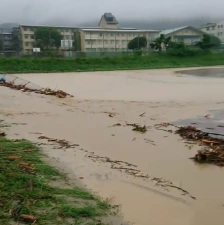 Floodwaters are seen after heavy rains in Saga city