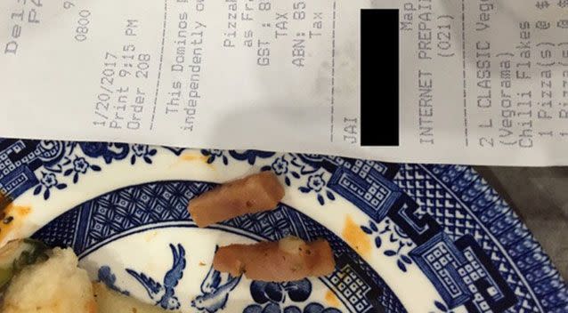 A Domino's manager has apologised for 'really awful service' after a family accidentally chowed down on pizzas with meat on them. Source: Supplied