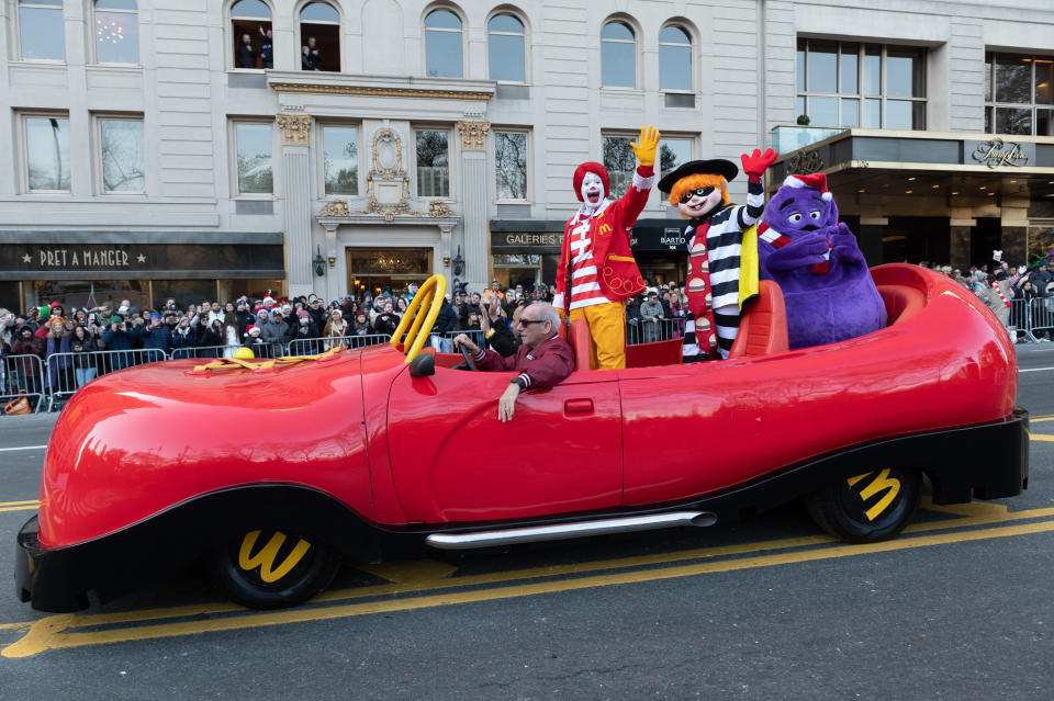 NEW YORK, NEW YORK - NOVEMBER 24: Ronald McDonald, Hamburglar, and Grimace of McDonald's attend the 2022 Macy's Thanksgiving Day Parade on November 24, 2022 in New York City. (Photo by Noam Galai/Getty Images)