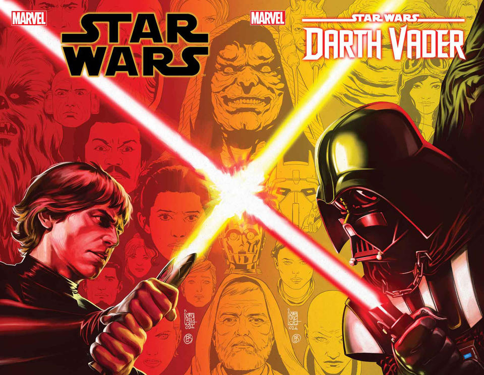 Star Wars #50 and Darth Vader #50 connecting covers by Giuseppe Camuncoli