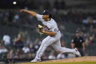 Houston Astros pitcher Luis Garcia throws against the Detroit Tigers in the sixth inning of a baseball game in Detroit, Thursday, June 24, 2021. (AP Photo/Paul Sancya)