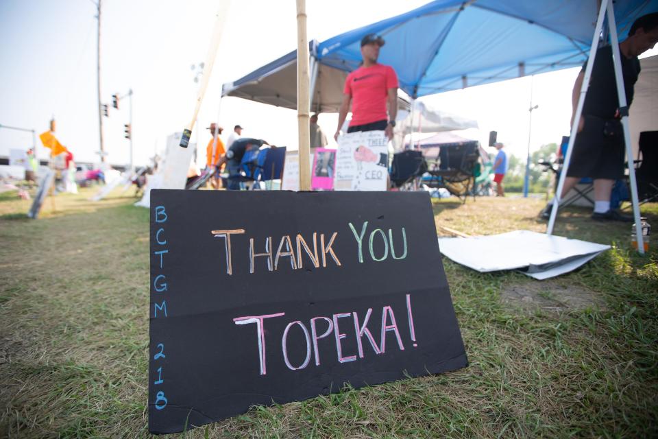 A sign sitting on the strike line across from the local Frito-Lay plant in Topeka, Kan., thanks members of the community who have shown support for Local 218 members.