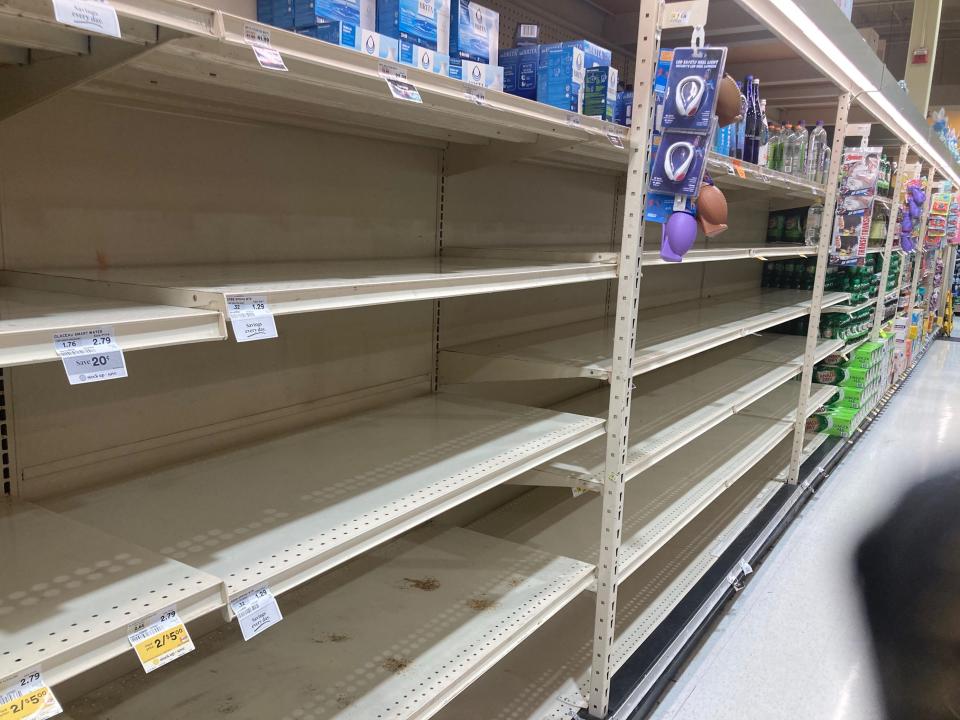 The Brown's Shoprite in Bensalem, Pa., was nearly out of bottled water Sunday afternoon. Supermarket shelves in Lower Bucks were empty Sunday afternoon after Philadelphia officials issued a drinking water advisory after chemicals that spilled in Bristol entered a Delaware River tributary.