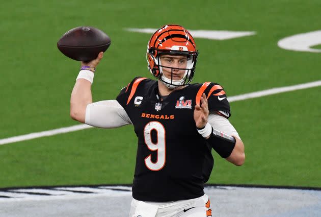 Joe Burrow looks to pass against the Los Angeles Rams during Super Bowl LVI at SoFi Stadium on February 13, 2022. (Photo: Focus On Sport via Getty Images)