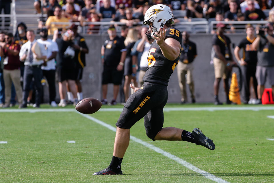 TEMPE, AZ - NOVEMBER 09:  Arizona State Sun Devils punter Michael Turk (35) punts the ball during the college football game between the USC Trojans and the Arizona State Sun Devils on November 9, 2019 at Sun Devil Stadium in Tempe, Arizona. (Photo by Kevin Abele/Icon Sportswire via Getty Images)