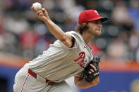 Philadelphia Phillies pitcher Aaron Nola throws during the second inning of a baseball game against the New York Mets, Tuesday, May 14, 2024, in New York. (AP Photo/Adam Hunger)
