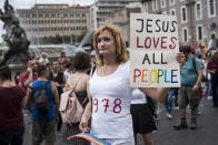 <p>People take part in the annual gay pride parade in downtown Rome on June 9, 2018. Thousands of people paraded noisily on floats through the historic streets of Rome to celebrate Gay Pride. (Photo: Jacopo Landi/NurPhoto via Getty Images) </p>