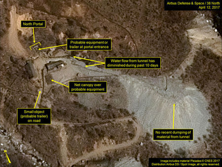 North Korea’s Punggye-ri Nuclear Test Site is seen in commercial satellite imagery taken April 12, 2017. Image includes material Pleiades (c) CNES 2017. Distribution Airbus DS/Spot Image, all rights reserved. Courtesy Airbus Defense & Space and 38 North/Handout via REUTERS