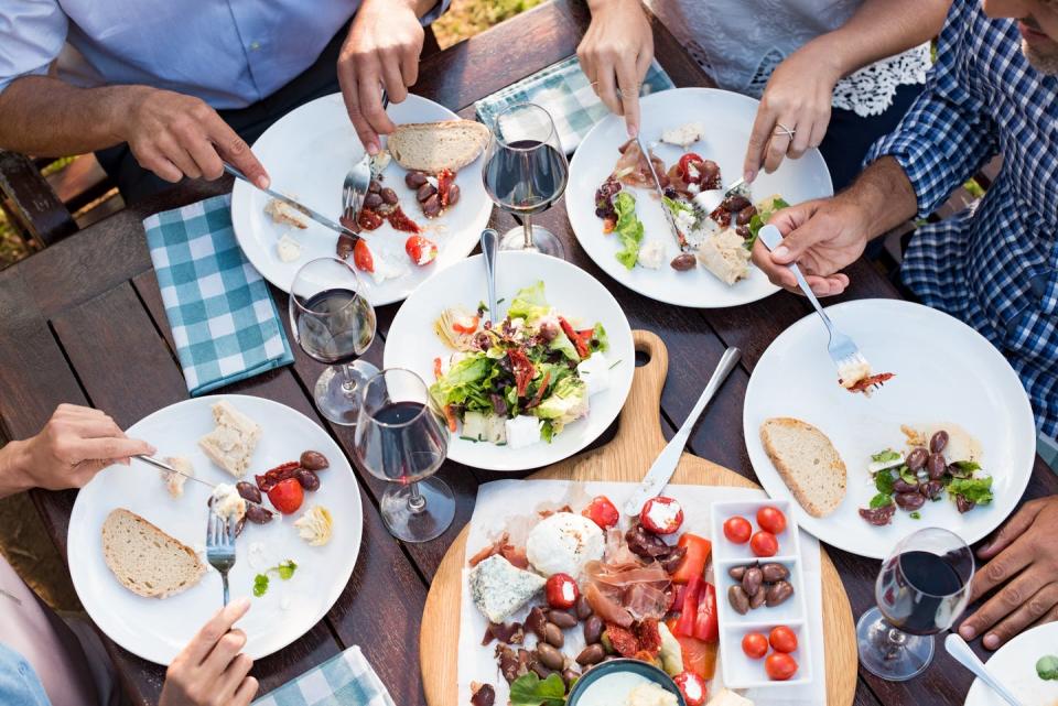 view from above of plates on a table where people are eating