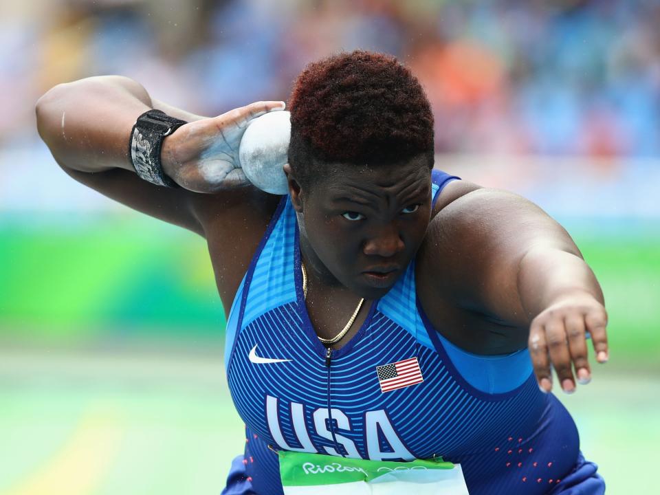 Raven Saunders competes in the 2016 Olympics