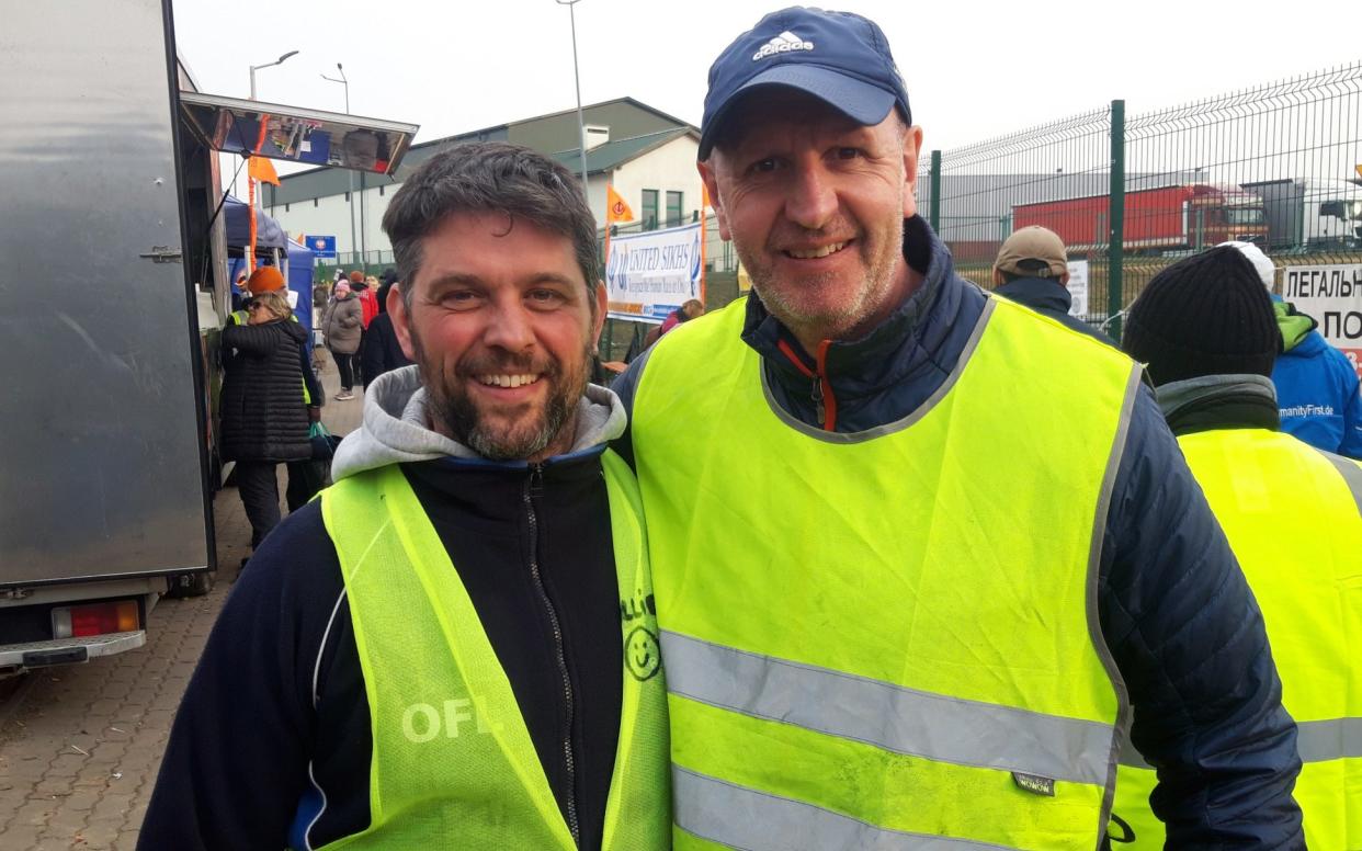 Ollie Funnell (left) and Carl Walsh (right) say they were hoodwinked by the Ukrainian army as they fled back across the Polish border after just days, having been told they would be sent straight to Kyiv for combat - Jack Hardy/The Telegraph