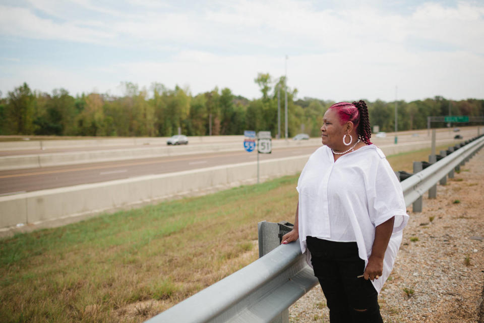 Bettersten Wade near the highway  where her son, Dexter, was fatally run over by police near Jackson, Miss. (Ashleigh Coleman for NBC News)